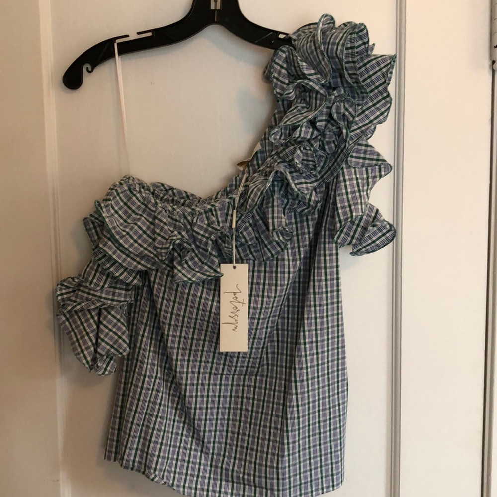 Off should green and blue plaid ruffle blouse